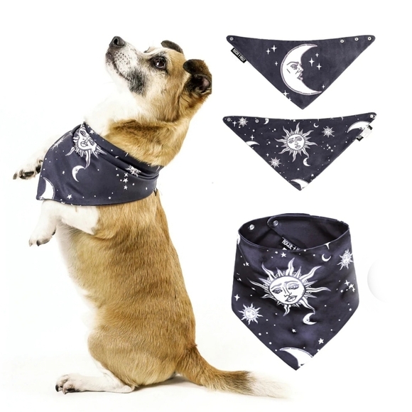 Rogue + Wolf ✦ Reversible Pet Bandana ✦ Celestial Sun & Moon Print Stars Black - Picture 3 of 14